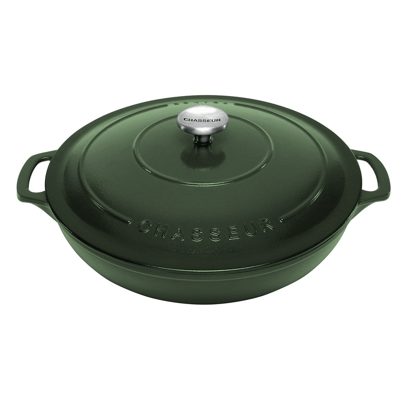 A stylish Forest green enameled cast iron casserole, perfect for even cooking and easy clean-up, crafted in France.