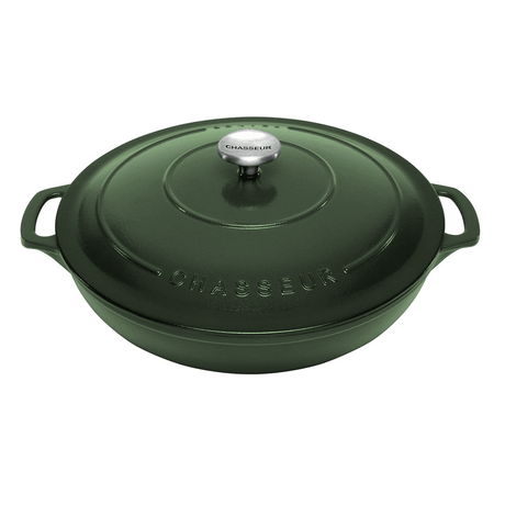 A stylish Forest green enameled cast iron casserole, perfect for even cooking and easy clean-up, crafted in France.