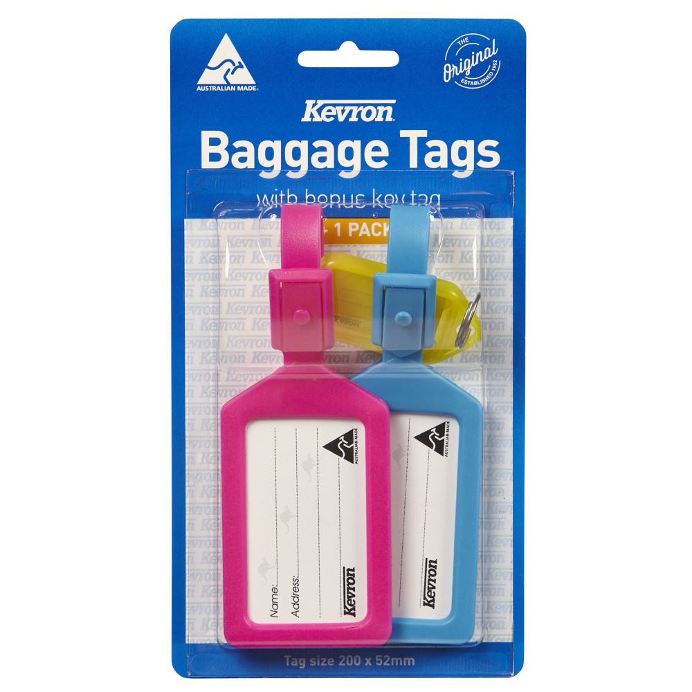 Bright KEVRON Travel Pack featuring 2 durable luggage tags and 1 key tag for easy identification and stylish travel.