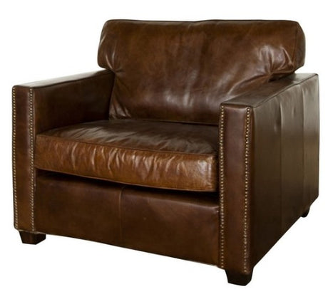 Stylish Madison 1 Seater armchair in vintage cigar leather with birch hardwood frame and plush cushioning for ultimate comfort.