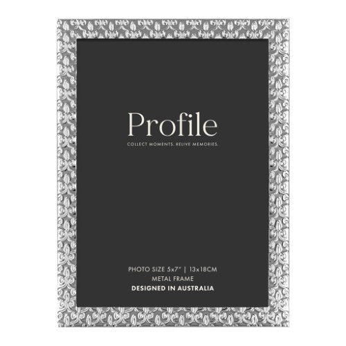 Elegant 8x10in silver metal photo frame with embossed Renaissance design, suitable for horizontal or vertical display.