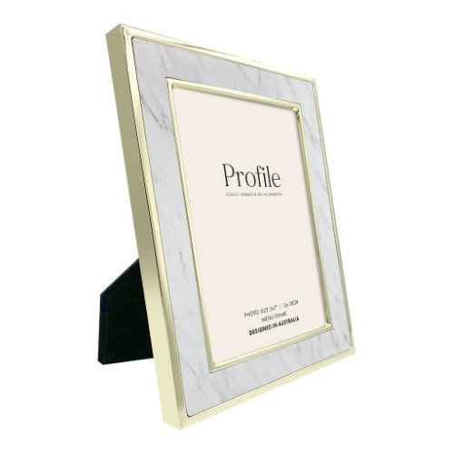 Elegant Terrazzo marble metal photo frame with gold edges, perfect for showcasing cherished memories in any orientation.