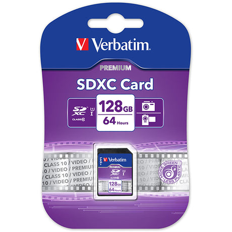 Verbatim SDXC Card 128GB Class 10, high-speed storage for photos and videos, compatible with various devices, durable and reliable.