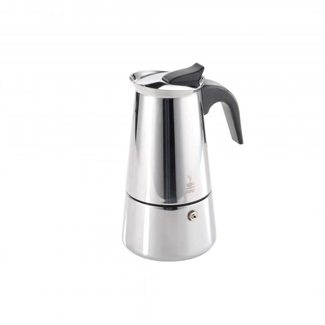 Sleek stainless steel espresso maker brews 2 cups of rich espresso, compatible with all stove types, and dishwasher safe.