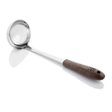 Elegant stainless steel soup ladle with a black walnut handle, ideal for serving soups and stews in style.