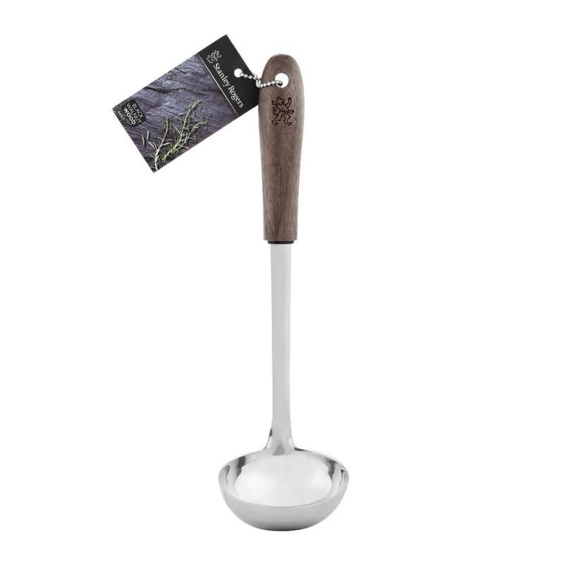 Elegant soup ladle with a black walnut handle and stainless steel head, perfect for serving soups and stews.