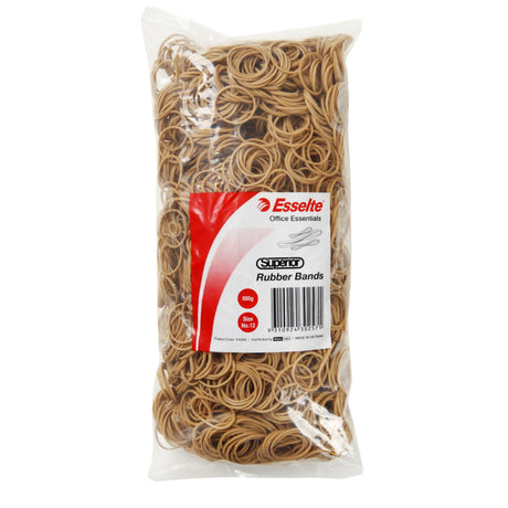 Esselte Superior Rubberbands Size 12 in a 500g bag, made from durable natural rubber for versatile binding tasks.