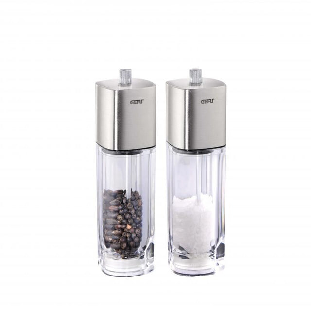 Gefu Dueto Salt and Pepper Mill Set with adjustable ceramic grinder, stylish design, and perfect for seasoning meals.