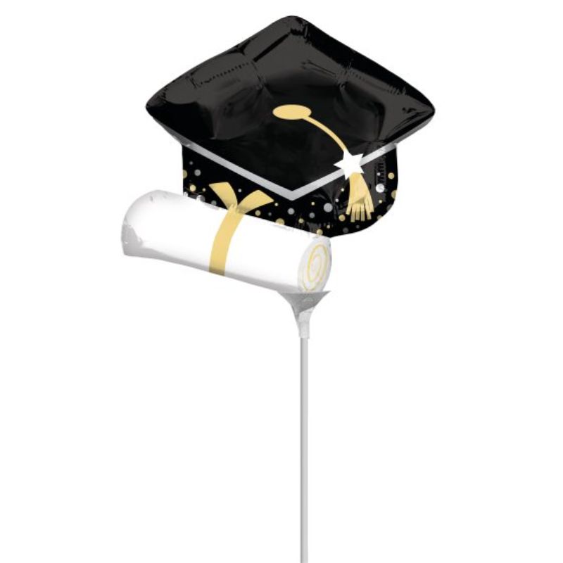 Mini black graduation cap paired with a white diploma, perfect for celebrating academic achievements at parties or photo shoots.