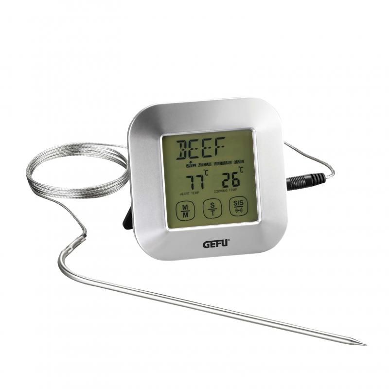 Digital roast thermometer with timer, touchscreen, and adjustable temp range for perfect meat cooking every time.