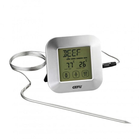 Digital roast thermometer with timer, touchscreen, and adjustable temp range for perfect meat cooking every time.