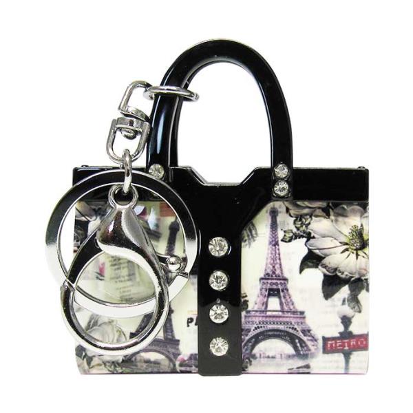 Chic acrylic key ring handbag with sparkling embellishments, perfect for adding glamour to your essentials.