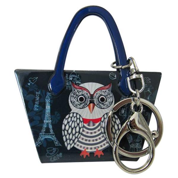 Chic blue owl keyring made of acrylic, perfect for adding charm to handbags and keeping keys organized.