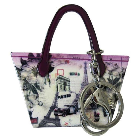 Vibrant acrylic handbag keyring in floral design, 7.5cm W x 8.0cm H, combining elegance with functionality.
