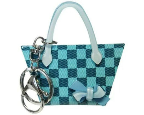 Chic blue ribbon checks keyring handbag, 8cm, crafted from acrylic for style and key organization. Perfect for accessories lovers.