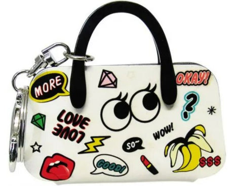 Colorful pop art keyring handbag in acrylic, 8 cm wide, stylish accessory for keys or bags, adding contemporary flair.