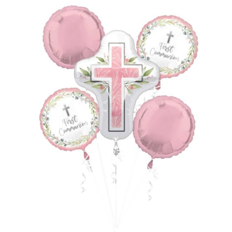 Pack of 5 pink self-sealing foil balloons for a First Communion celebration, featuring enchanting designs for a magical atmosphere.