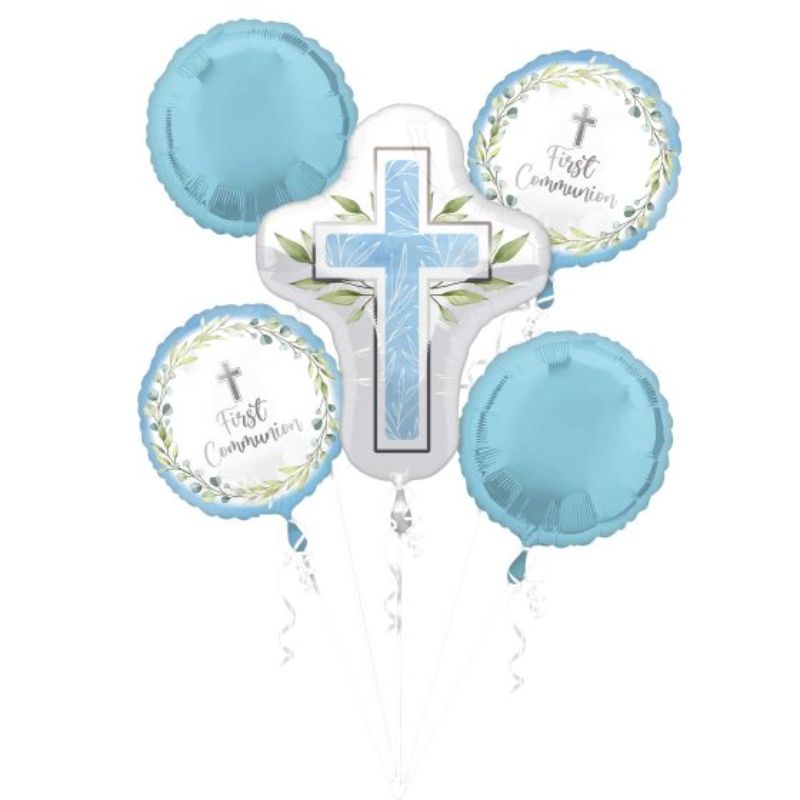 Self-sealing foil balloons in serene blue, perfect for decorating First Communion celebrations, pack of 5.