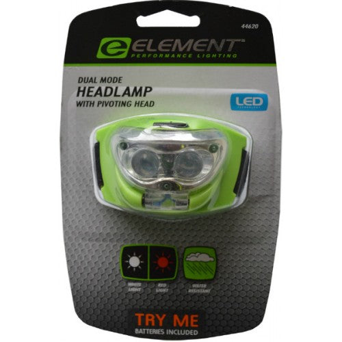 Versatile water-resistant LED headlamp with 90° pivoting head, two light modes, and adjustable comfort headband.