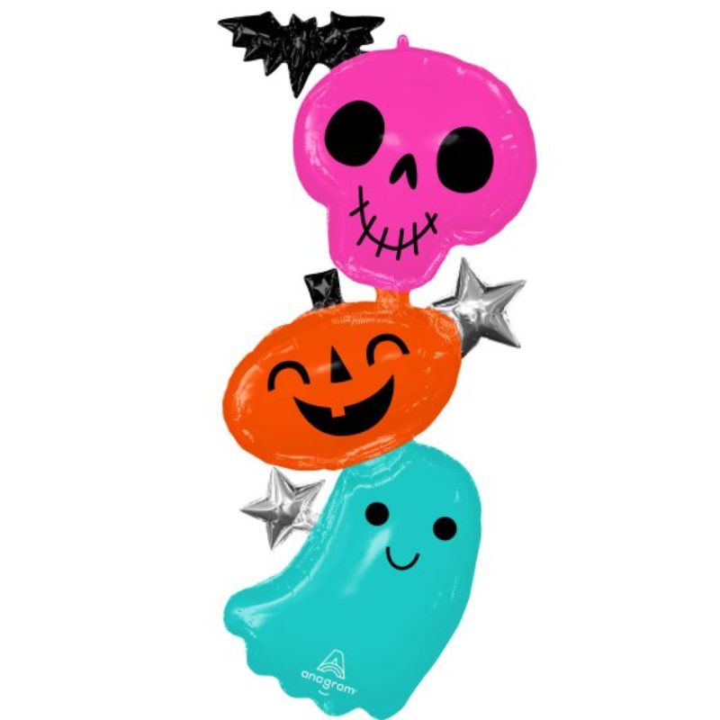 Colorful Halloween balloons featuring spooky designs like ghosts, witches, and pumpkins, perfect for festive decorations and photo props.