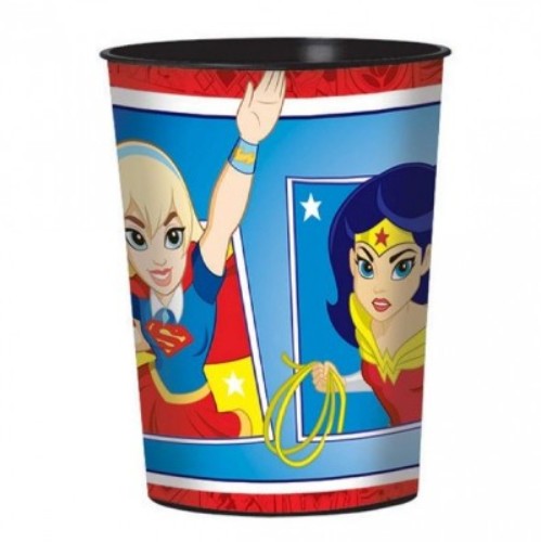 Vibrant Favor Cup featuring superhero girls, perfect for kids' parties and celebrations, BPA-free and stackable.