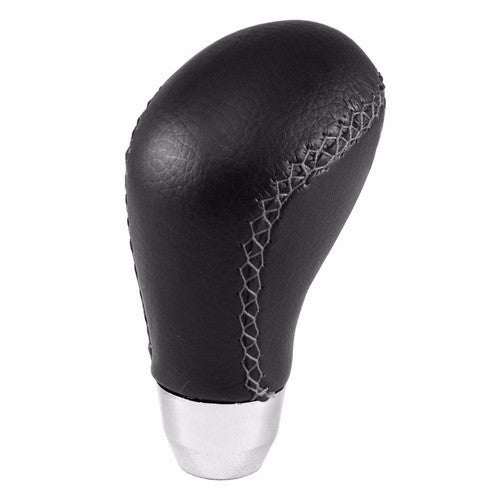 Curved grey stitching gear knob by WILDCAT, featuring a leather-like finish and universal fit for enhanced driving style.