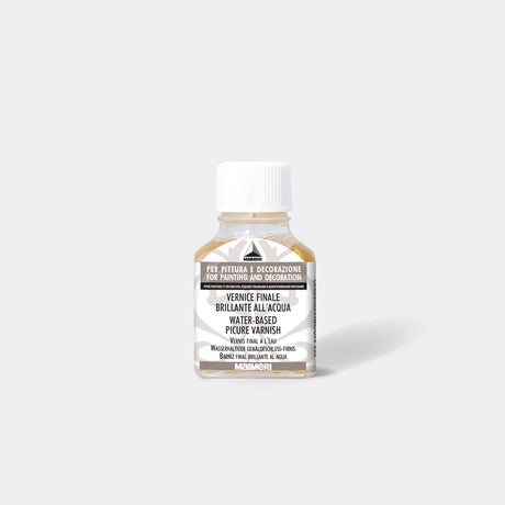 Clear water-based varnish in a 75ml bottle, enhancing vibrancy and protecting both oil and acrylic artworks.