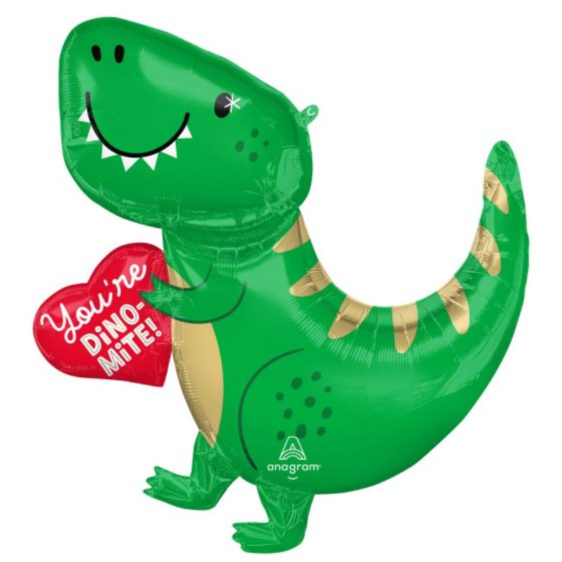 SuperShape XL dinosaur and heart foil balloon, colorful and playful, perfect for children's parties and celebrations.