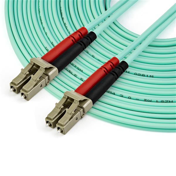 Aqua 10m OM4 LC to LC duplex fiber optic patch cable for high-speed 40G and 100G connections, flame retardant and backward compatible.