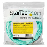 Aqua 10m OM4 LC to LC multimode duplex fiber optic patch cable for high-speed 40G and 100G network connections.