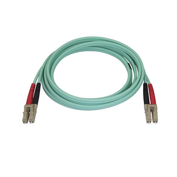 2m Aqua OM4 Duplex Multimode Fiber Optic Cable designed for 100 Gb networks, featuring LSZH jacket for safety and reliability.