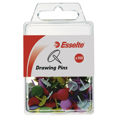 Assorted Esselte drawing pins (100 pack) with 10mm heads and 9mm length for effective pinning and organization in vibrant colors.