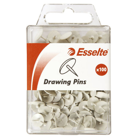 White Esselte drawing pins pack of 100, 10mm head, 9mm long, ideal for pinning posters and documents securely.