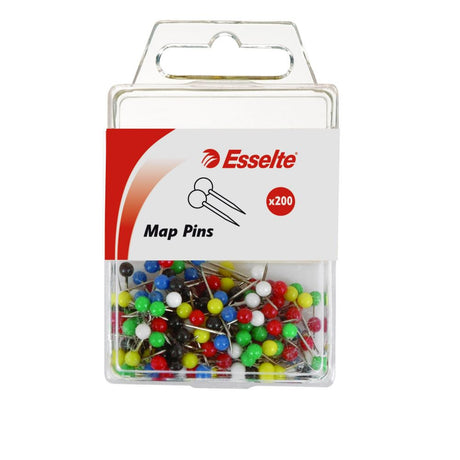 Colorful assortment of 200 Esselte map pins for pinning, tacking, and organizing information on cork boards and walls.