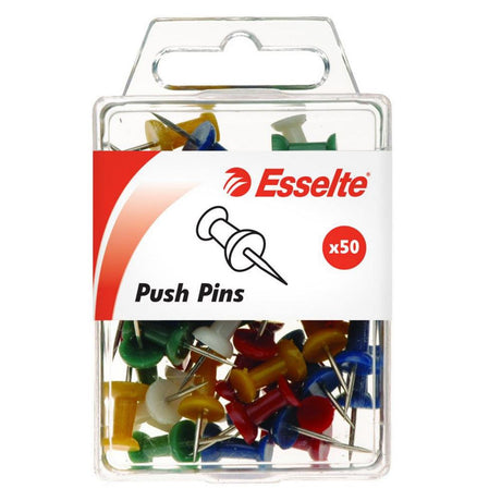 Vibrant Esselte assorted push pins in a pack of 50, ideal for securing papers and displays on cork boards and walls.