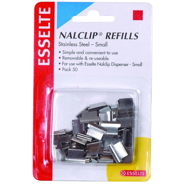 Esselte Nalclip refills pack of 50 steel clips, securing up to 15 sheets without punching holes, ideal for office organization.