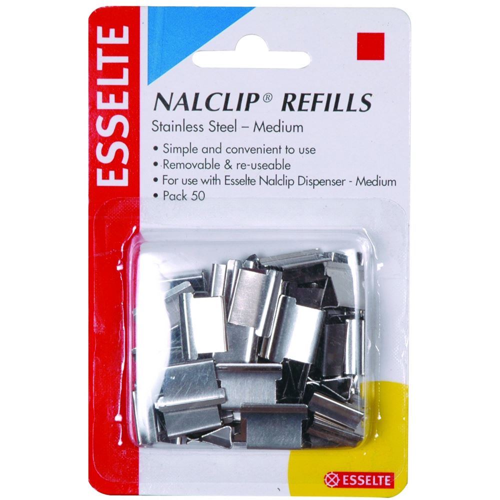 Essential steel refills for the Esselte Nalclip system, securely holding up to 40 sheets without hole punching. Pack of 50.