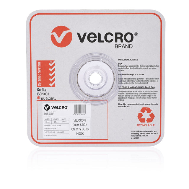 White VELCRO® Brand Hook Fasteners, 22mm, 900 dots for easy, damage-free hanging and organizing in any space.