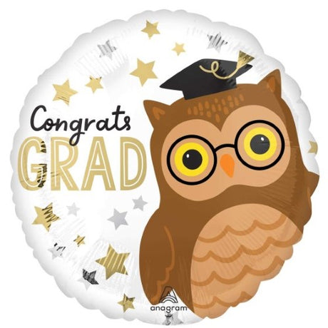 Graduation-themed foil balloon featuring an adorable wise owl in cap and gown, perfect for celebration decor.