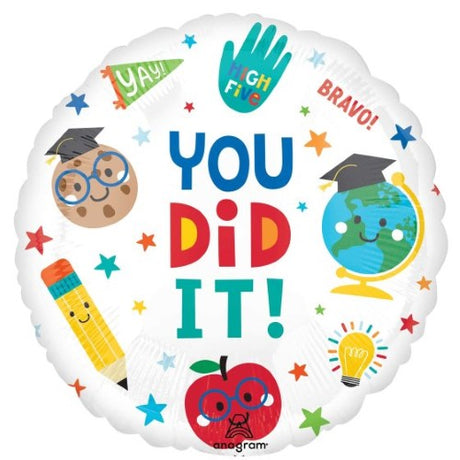 Vibrant 45cm 'You Did It' graduation balloon, perfect decoration for celebrating academic achievements at parties.