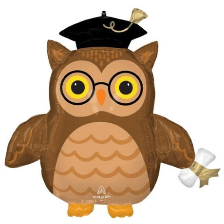 SuperShape Graduate Wise Owl balloon, 76cm x 73cm, colorful and whimsical design perfect for graduation celebrations.