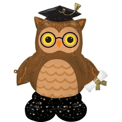 AirLoonz Graduate Wise Owl balloon, 96cm x 111cm, whimsical decoration for graduation parties, easy to inflate and secure.