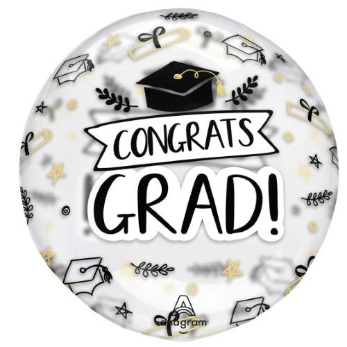 Clear balloon with sketched graduation hats, 45cm, perfect for graduation parties and memorable photo backdrops.