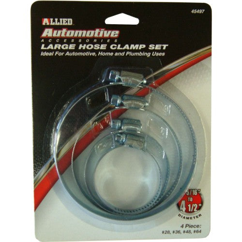 Hose Clip Set 4-Pce: durable zinc-plated clamps in 4 sizes, ideal for automotive, plumbing, and garden tasks.