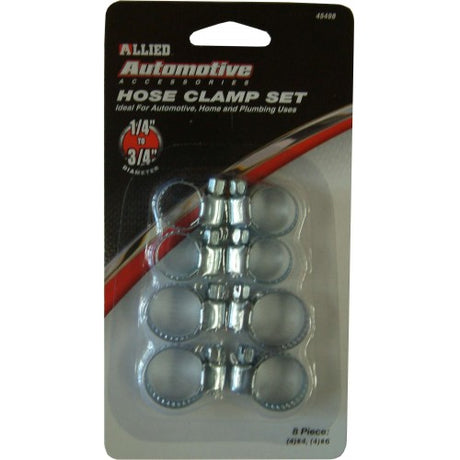 Hose Clip Set 8-Pce Allied #45498 featuring 8 durable zinc-plated clamps for automotive and plumbing tasks, ranging 6mm to 20mm.