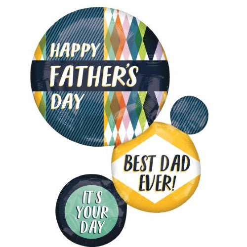 Colorful retro circles adorn the SuperShape XL Happy Father's Day balloon, perfect for festive celebrations and adding joy.