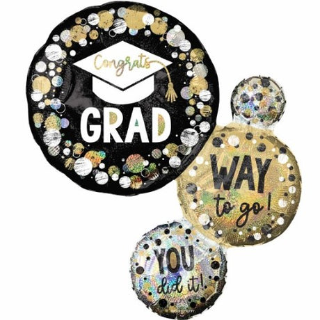 Holographic foil balloon featuring "Congrats Grad" in vibrant circles and dots, perfect for graduation celebrations.