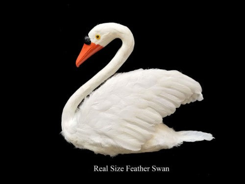 Life-sized white feather swan centerpiece, crafted with natural feathers for elegant home or garden decor.