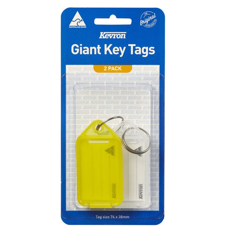 Vibrant Kevron Giant Key Tags ID30 Pack 2 for easy key organization, featuring durable two-piece design and large paper insert.