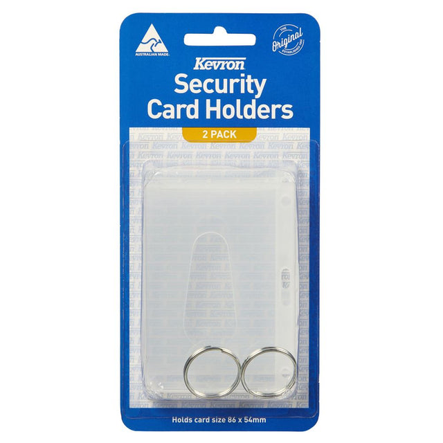 Clear Kevron card holder set of 2, featuring pre-punched holes for lanyards, ideal for IDs and business cards.